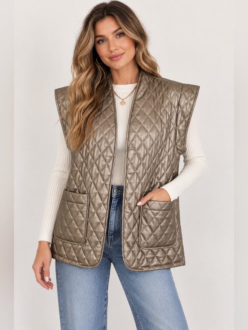 EsQualo Soft Gold Metallic Quilted Faux Leather Vest M/L NWT